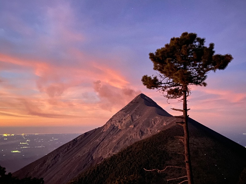 Photo of sunrise and Fuego volcano