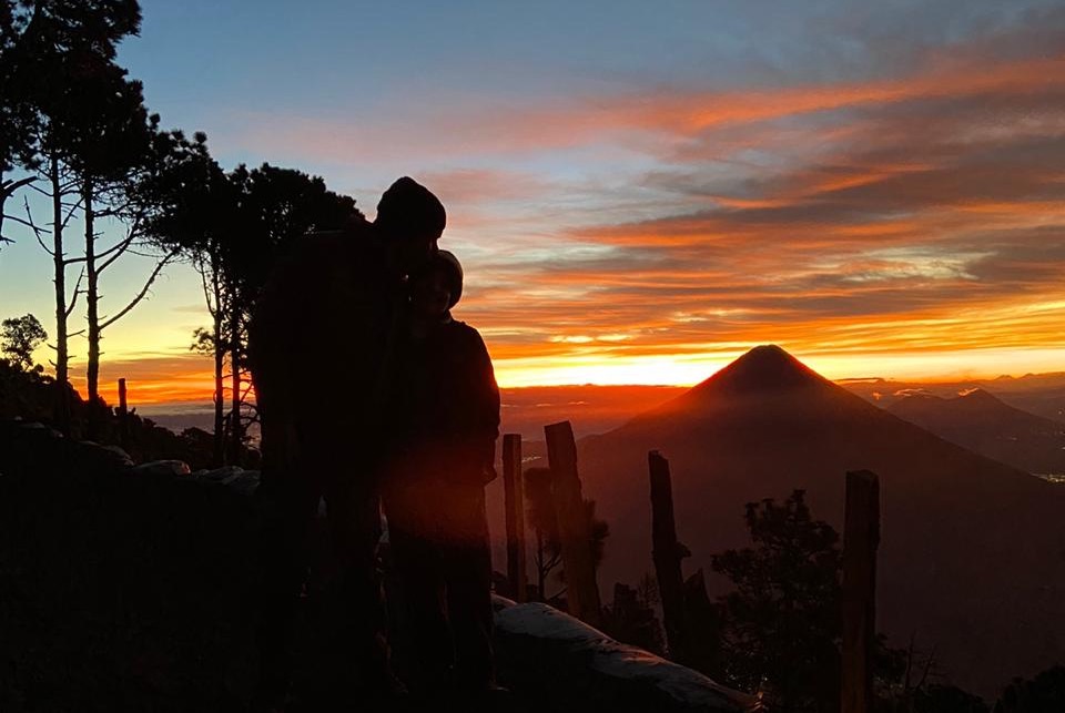 Sunset behind Fuego volcano from Acatenango