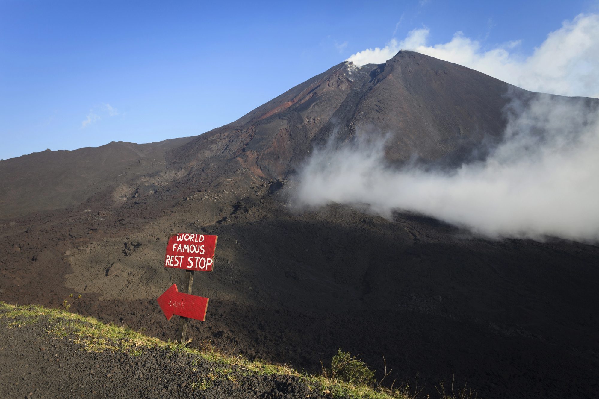 World Famous Rest Stop sign with Pacaya volcano in background
