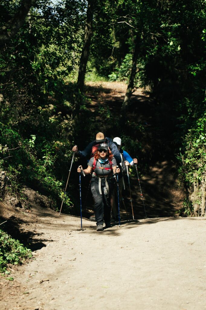 Hikers using trekking poles ascend Acatenango Volcano trail.